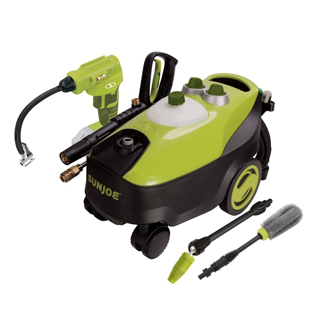 Angled view of the Sun Joe 14.5-amp 2030 PSI Portable Electric Pressure Washer with a cordless portable air compressor kit, universal wheel and rim brush, and multi-angle rotary spray wand.