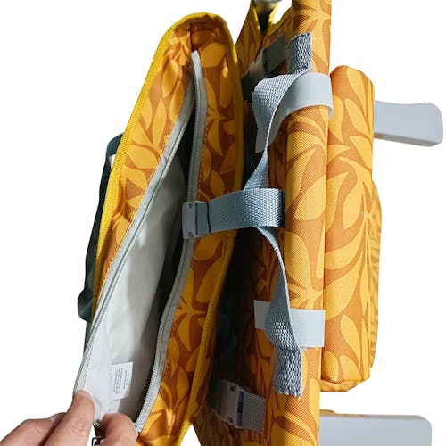 View inside the zippered pouch of the Bliss Hammocks Backpack Aluminum Amber Leaf Beach Chair.