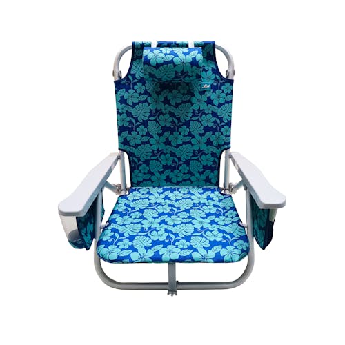 Front view of the Bliss Hammocks Backpack Aluminum Blue Flower Beach Chair.