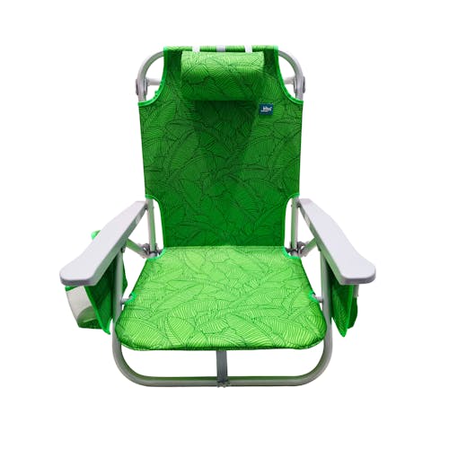 Front view of the Bliss Hammocks Backpack Aluminum Green Banana Leaves Beach Chair.