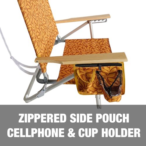 Zippered side pouch, cellphone holder, and cup holder.