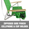 Zippered side pouch, cellphone holder, and cup holder.