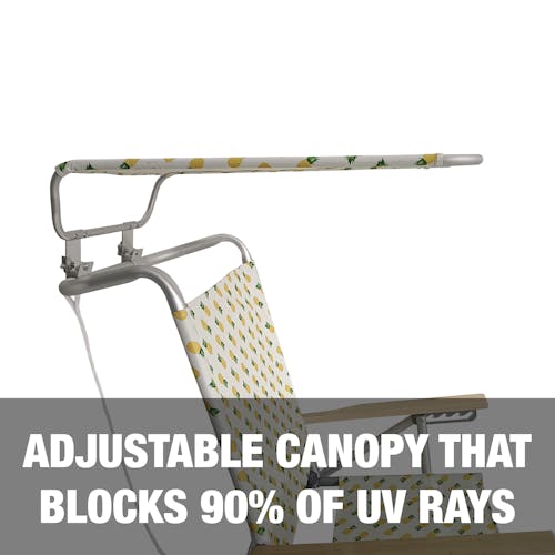 Adjustable canopy that blocks 90 percent of UV rays.