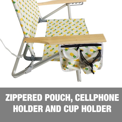 Zippered pouch, cellphone holder, and cup holder.