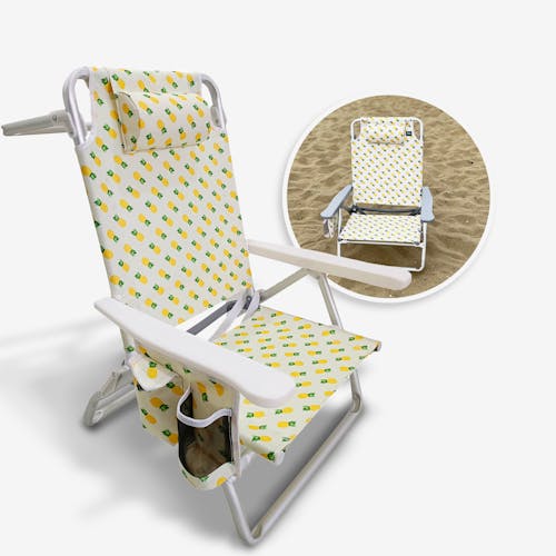 Bliss Hammocks folding beach chair with towel rack with inset image of product in use
