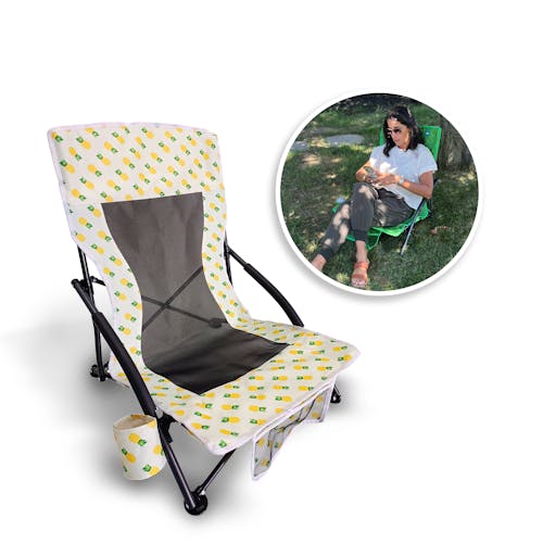 Bliss hammocks collapsible beach chair with inset image of person sitting on chair