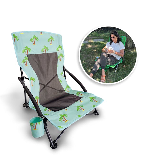 Bliss Hammocks Collapsible Beach Chair with inset image of person sitting on chair