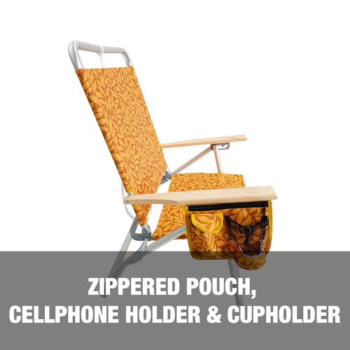 Zippered pouch, cellphone holder, and cupholder.