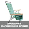Zippered pouch, cellphone holder, and cupholder.