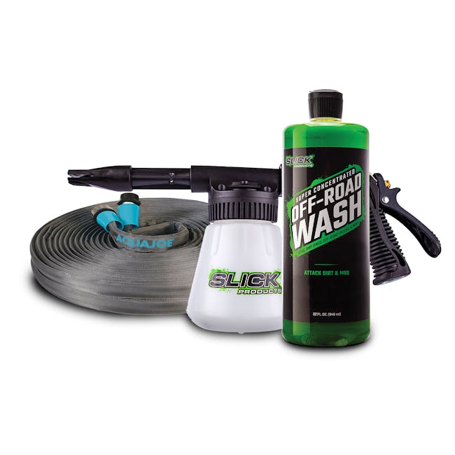 Slick Products 32 ounce Off-Road Extra Thick Foaming Cleaning Solution, 75-foot garden hose, and garden hose foam blaster.