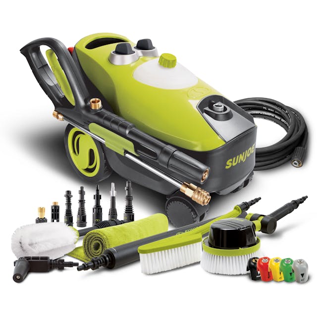 Sun Joe Follow-Along Electric Pressure Washer, spray wand, quick connect tips, and the Sun Joe Auto Cleaning System.