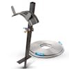 Aqua Joe 50-foot Heavy-Duty Puncture Proof Kink-Free Metal Garden Hose and a gray garden hose stand.