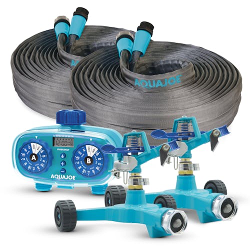 Two Aqua Joe 50-foot fiberjacket garden hoses, two 360-degree impulse spinklers, and an electronic water timer.