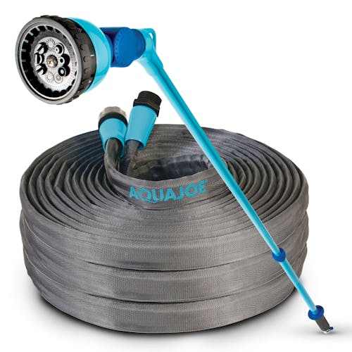 Aqua Joe 53-inch Telescoping Watering Wand and a 100-foot fiberjacket garden hose.