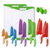 EatNeat 24-Piece Multi-Color Kitchen Knife Set with 10 knives and blade covers, 2 cutting boards, and 2 knife sharpeners.