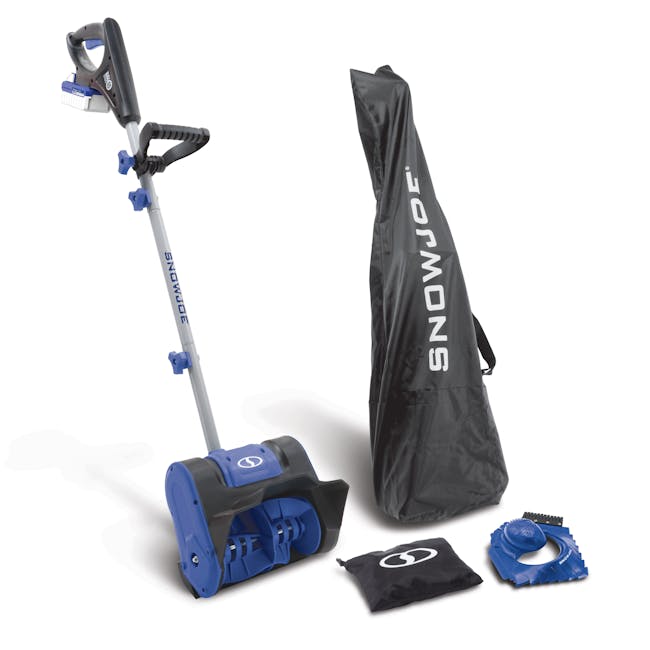 Snow Joe 24-volt cordless 10-inch snow shovel kit, snow shovel cover, ice and snow scraper, and cover storage bag.