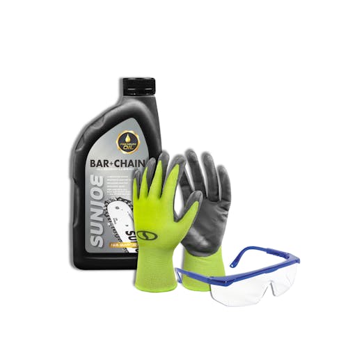Sun Joe 1-quart Premium Bar, Chain and Sprocket Oil with a 3-pack of reusable gloves, and protective safety glasses.