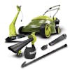 Sun Joe 12-amp 14-inch Electric Lawn Mower with a 3-in-1 Electric Leaf Blower, Vacuum, and Mulcher, and a 10-inch Electric String Grass Trimmer.