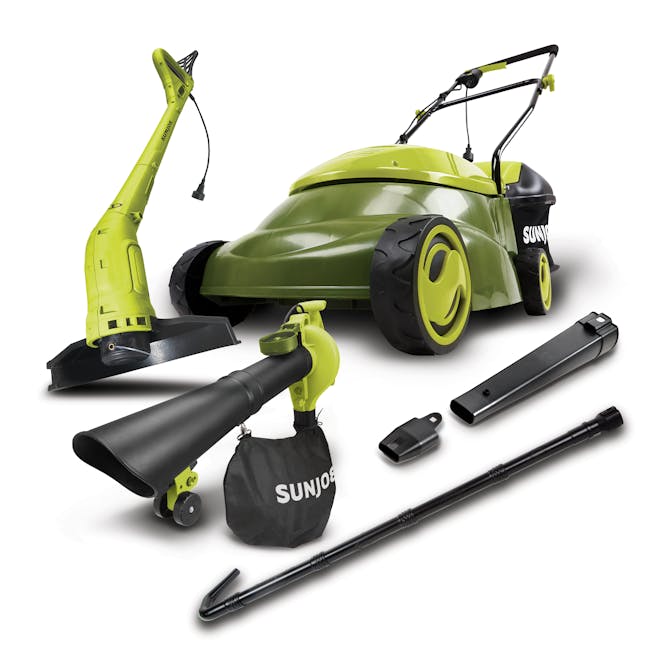 Sun Joe 12-amp 14-inch Electric Lawn Mower with a 3-in-1 Electric Leaf Blower, Vacuum, and Mulcher, and a 10-inch Electric String Grass Trimmer.