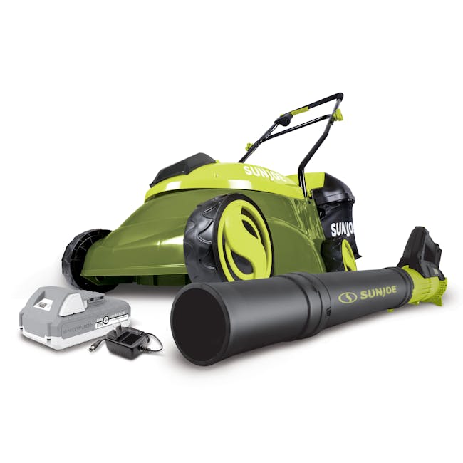 Sun Joe 28-volt 5-amp 14-inch Brushless Cordless Lawn Mower with a cordless turbine leaf blower, 2.0-Ah lithium-ion battery, and charger.
