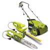 Sun Joe 12-amp 13-inch Electric Lawn Dethatcher with a 15-inch Electric Hedge Trimmer, and a 14-inch Electric Handheld Chainsaw,