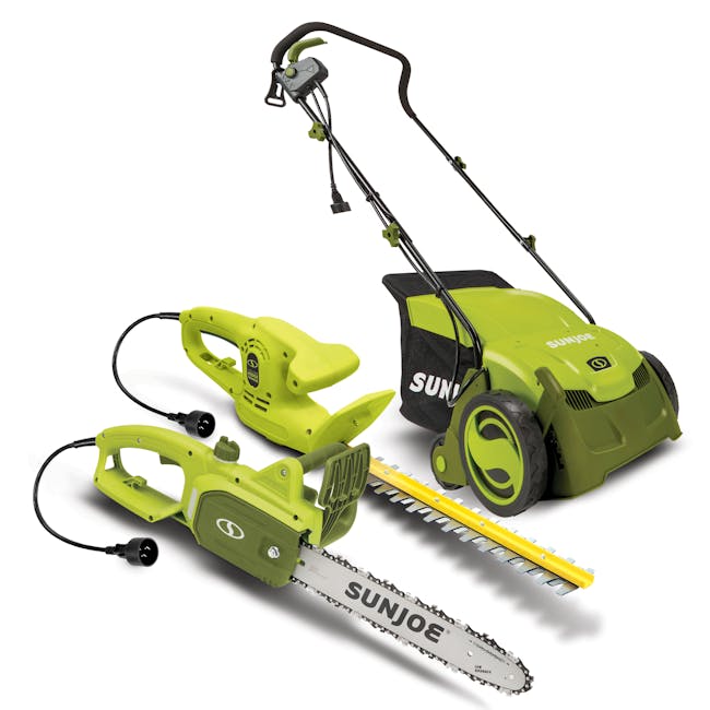 Sun Joe 12-amp 13-inch Electric Lawn Dethatcher with a 15-inch Electric Hedge Trimmer, and a 14-inch Electric Handheld Chainsaw,