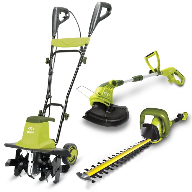 Sun Joe 12-amp 16-inch Electric Tiller and Cultivator with a 13-inch Electric String Grass Trimmer and a 19-inch multi-angle electric pole hedge trimmer.