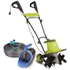 Sun Joe 13.5-amp 16-inch Electric Garden Tiller and Cultivator with a 50-foot garden hose, and handheld all-season multi-purpose spreader.