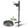 Aqua Joe 100-foot fiberjacket garden hose, gray hose stand, and 4-way hose splitter.