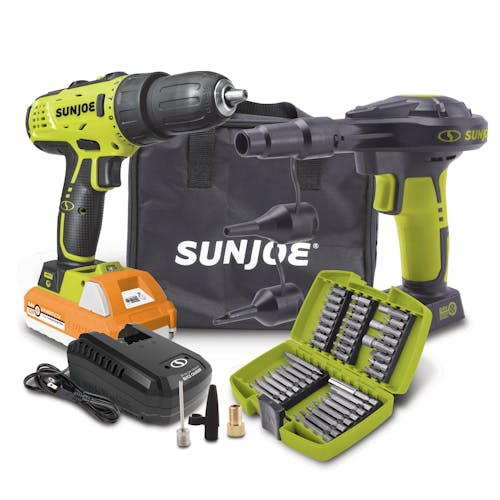 Sun Joe 24-Volt Cordless High-Volume Inflator with a Cordless Drill Driver, quick charger, drill bit set and case, 1.5-ah lithium-ion battery, nozzle adapters, and storage bag.