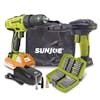Sun Joe 24-Volt Cordless High-Volume Inflator with a Cordless Drill Driver, quick charger, drill bit set and case, 1.5-ah lithium-ion battery, nozzle adapters, and storage bag.