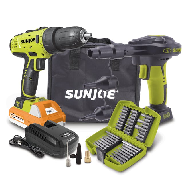 Sun Joe 24-Volt Cordless High-Volume Inflator with a Cordless Drill Driver, quick charger, drill bit set and case, 1.5-ah lithium-ion battery, nozzle adapters, and storage bag.