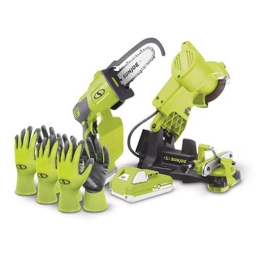 Sun Joe 24-Volt 5-inch Handheld Pruning Chainsaw with a cordless chainsaw sharpener, 2.5-Ah lithium-ion battery, and 3-pack of all-purpose reusable gloves.