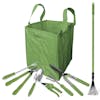 Martha Stewart 48-gallon multi-purple green debris bag, weeder, half-round trowel, 3-pronged hand cultivator, handheld bypass lopper, handheld bypass pruner, hedge shears, and shrub rake.