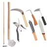 Nisaku Japanese single-claw cultivator, pruner, two weeding knives, saw tooth sickle, weed cutter, triangle hoe, and a sickle hoe.