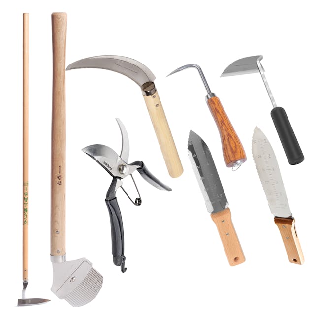 Nisaku Japanese single-claw cultivator, pruner, two weeding knives, saw tooth sickle, weed cutter, triangle hoe, and a sickle hoe.