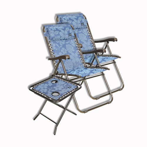 Bliss Hammocks Set of 2 26-inch Wide Blue Flower Reclining Sling Chairs and matching side table.