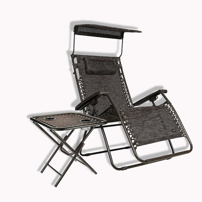 Bliss Hammocks 30-inch Wide XL Brown Jacquard Zero Gravity Chair and a matching side table.