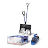 Snow Joe 20-inch Blue Shovelution Strain-Reducing Snow Shovel with spring assisted handle, a 15-pound box of pur calcium chloride ice melt pellets, and a handheld all-season multi-purpose spreader.