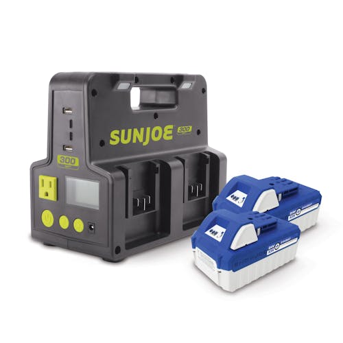 Sun Joe 24-Volt Cordless Hot-Swap Powered Inverter Generator Power Station with two 4.0-Ah lithium-ion batteries.