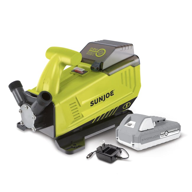 Sun Joe 24-volt Cordless 5.0-GPM Transfer Pump, a 2.0-Ah lithium-ion battery, and a charger.