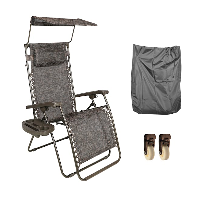 Bliss Hammocks 26-inch Wide Brown Jacquard Zero Gravity Chair, chair cover, and 2 brown wheels.