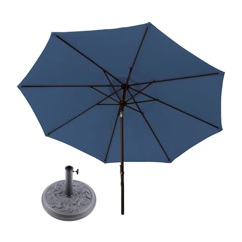 Bliss Outdoors 9-foot Blue Patio Umbrella and an 18-inch umbrella base with rose design.