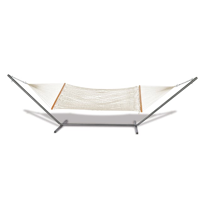 Bliss Hammocks 60-inch Wide White Cotton Rope Hammock and a 15-foot black hammock stand.