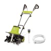 Sun Joe 13.5-amp 16-inch Electric Garden Tiller and Cultivator with a 3-in-1 soil meter and 20-foot outdoor extension cord.