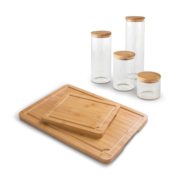 EatNeat Set of 2 Authentic Bamboo Cutting Boards with EatNeat Set of 4 Airtight Glass Kitchen Containers with bamboo lids.