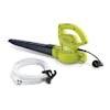 Sun Joe 6-amp green-colored All-Purpose Electric Blower with a universal wall bracket, and a 20-foot outdoor extension cord.
