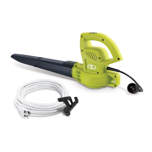 Sun Joe 6-amp green-colored All-Purpose Electric Blower with a universal wall bracket, and a 20-foot outdoor extension cord.
