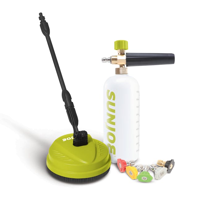 Sun Joe 10-inch Deck and Patio Cleaning Attachment with a 34-ounce foam cannon and 5 quick-connect tips for Pressure Washers.