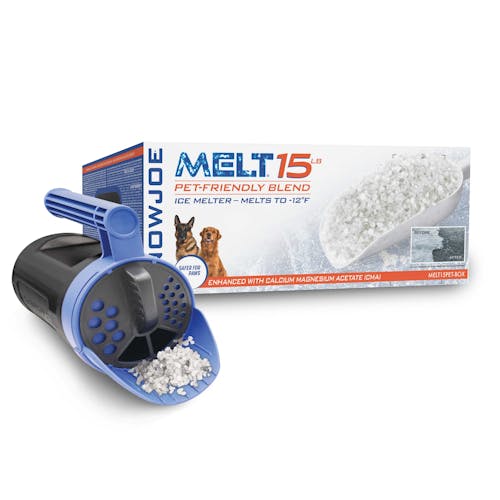 Snow Joe 15-pound Pet-Safer Premium Ice Melt with a handheld all-season multi-purpose spreader.